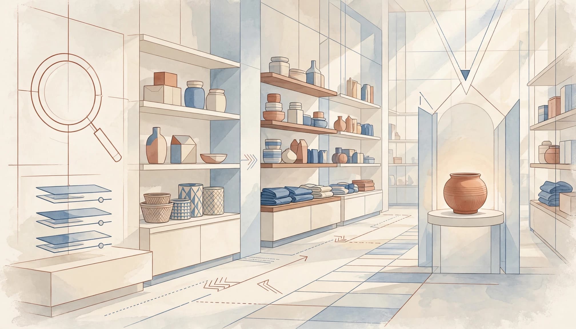 An illustrative retail space with shelves of pottery and a highlighted pot at the end of a path.