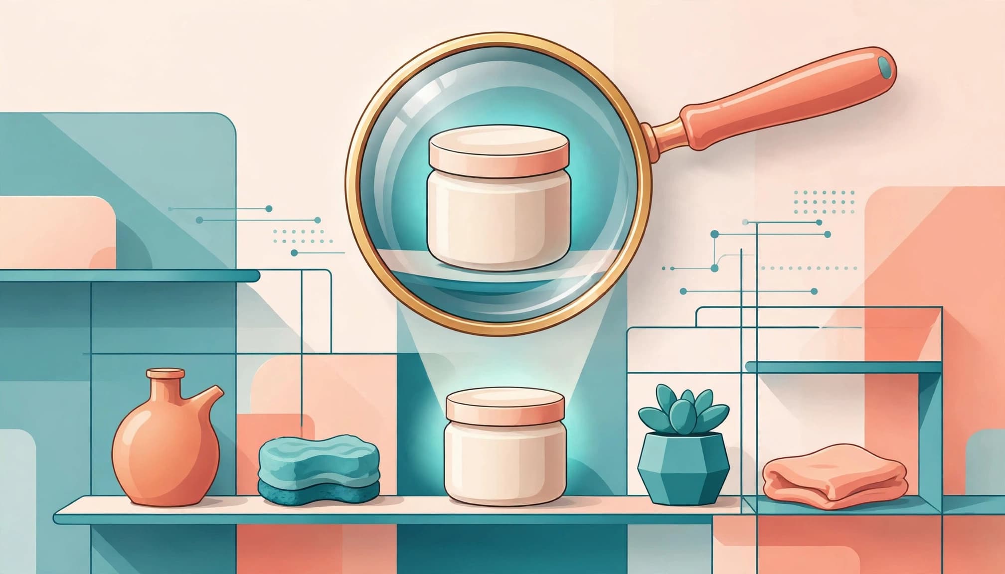 A magnifying glass hovers over a cream jar on a shelf with household items.