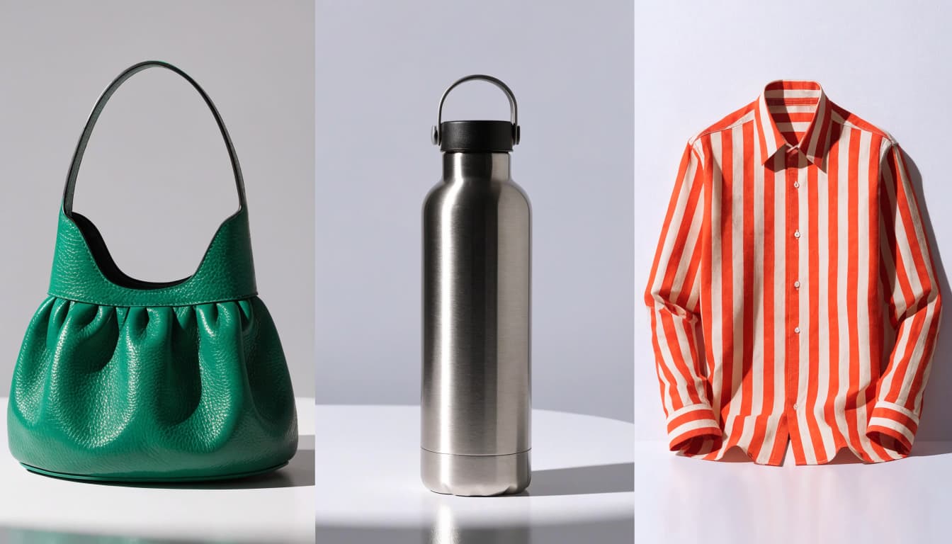 Bag, bottle, and shirt product illustrations.