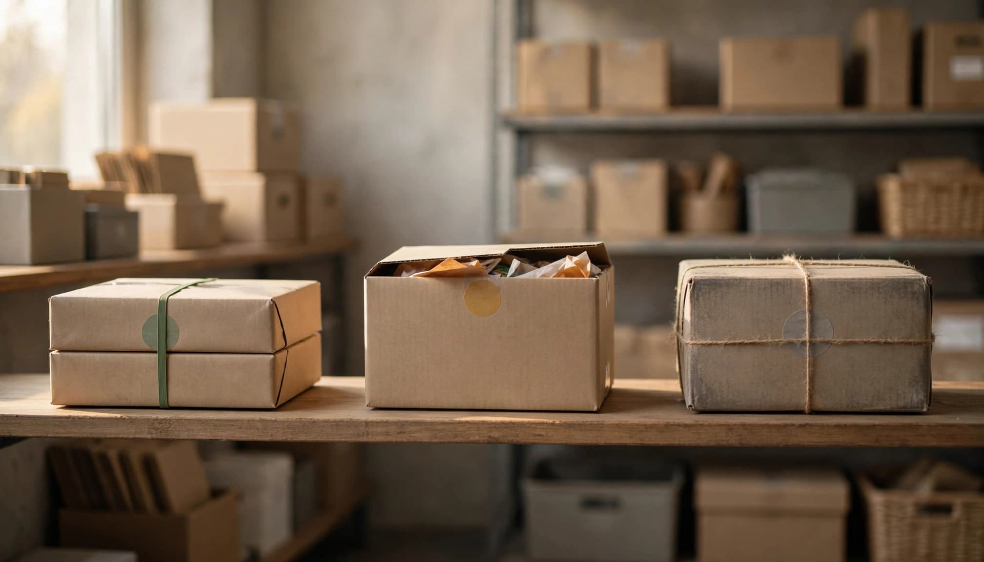 Three plain packages arranged in stages on a quiet stockroom shelf.
