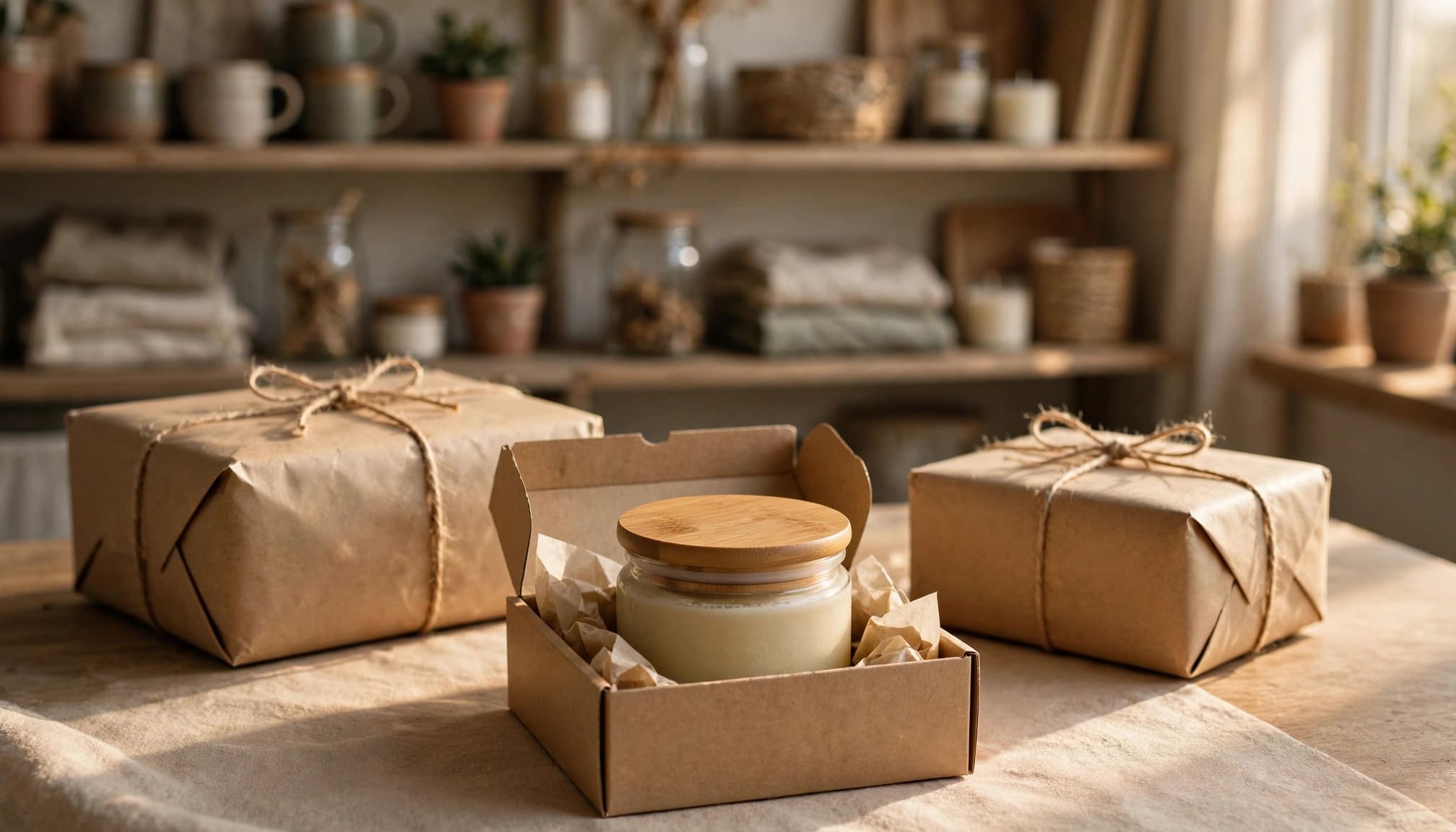 Product packaged beside ready-to-ship parcels.