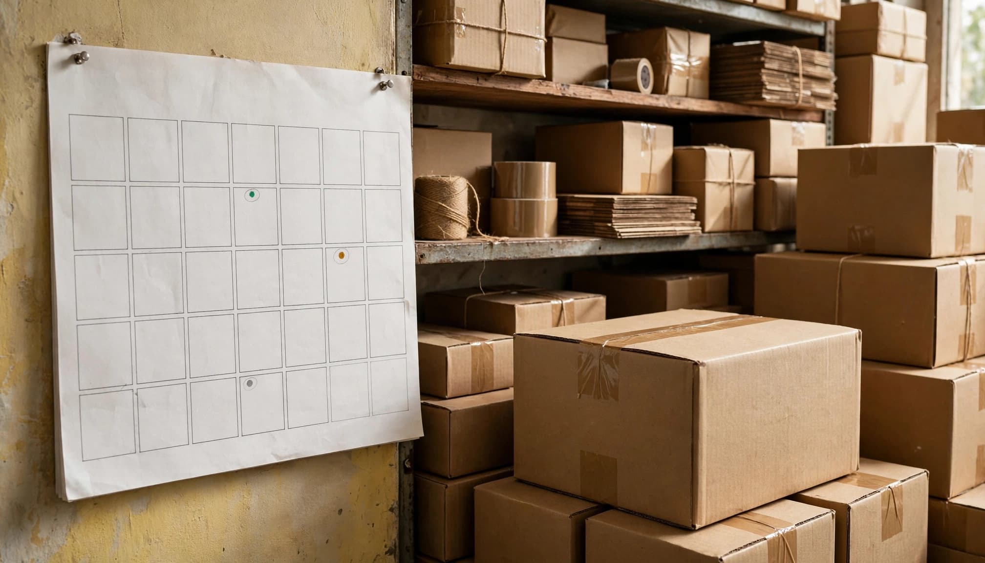A blank calendar beside a sealed carton in a small packing area.