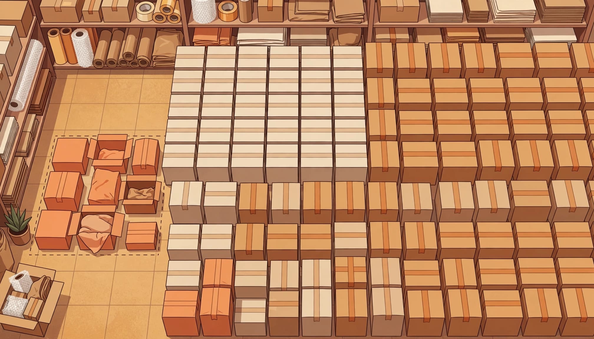 Parcels organised in a packing room.