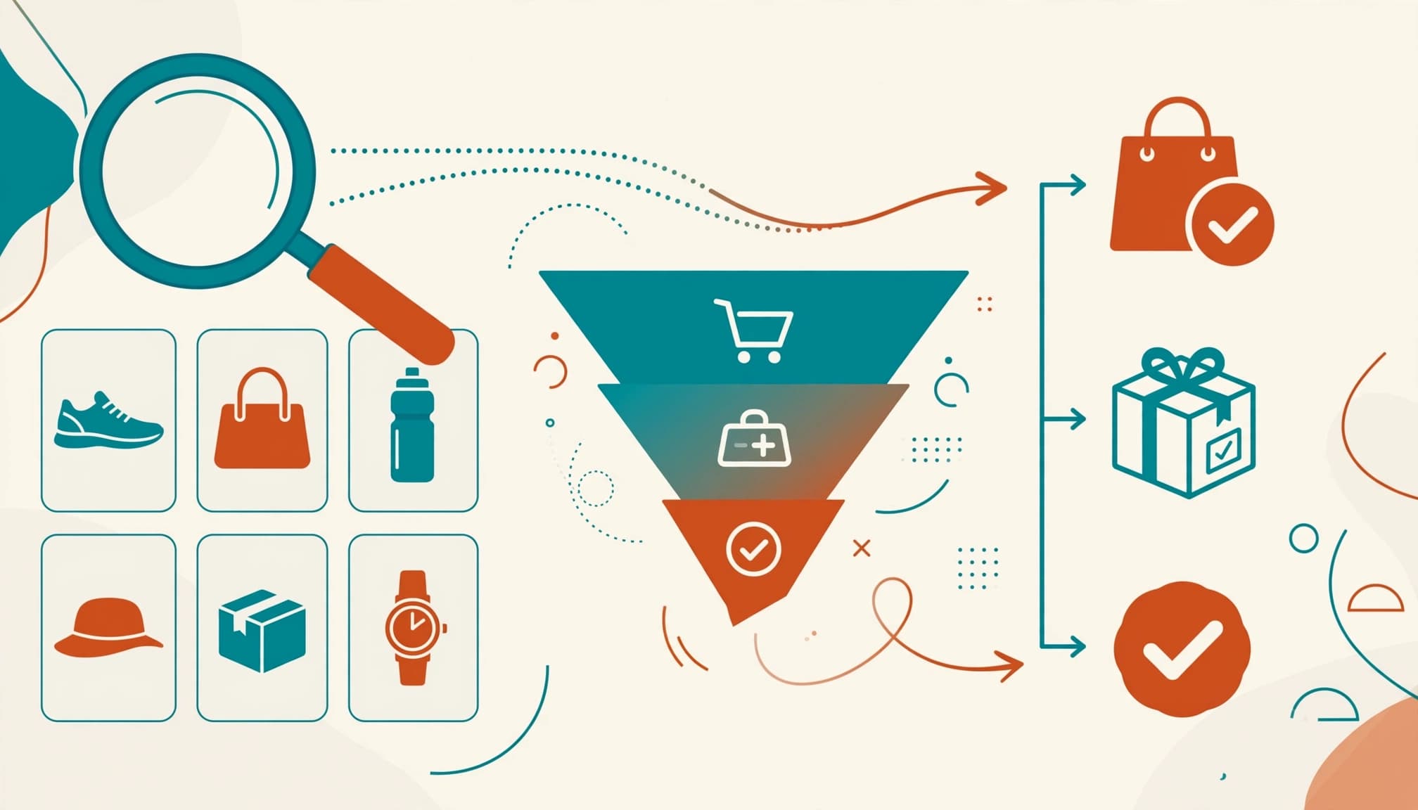 An abstract vector illustration showing a search funnel and purchase icons.