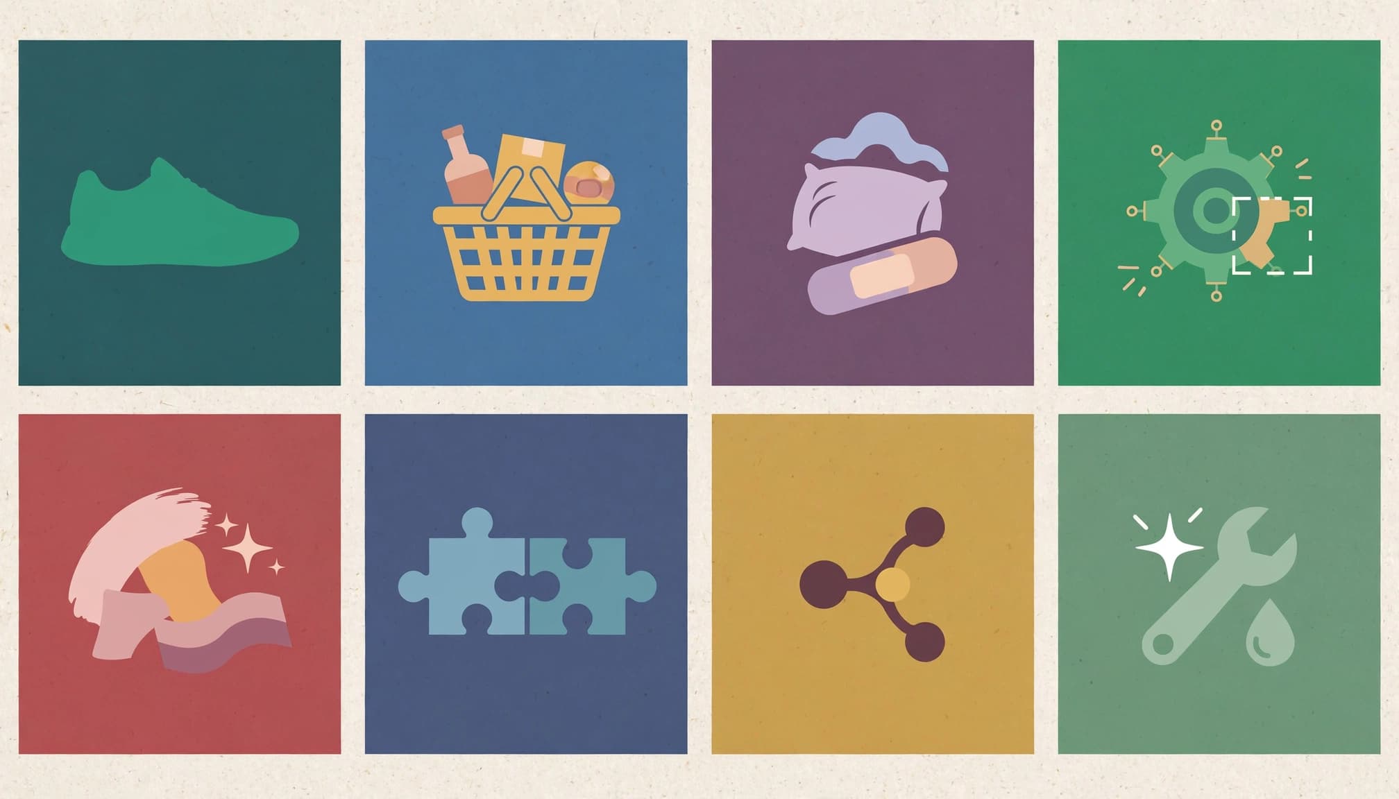 An illustration with eight distinct icon tiles showing ecommerce search intent.