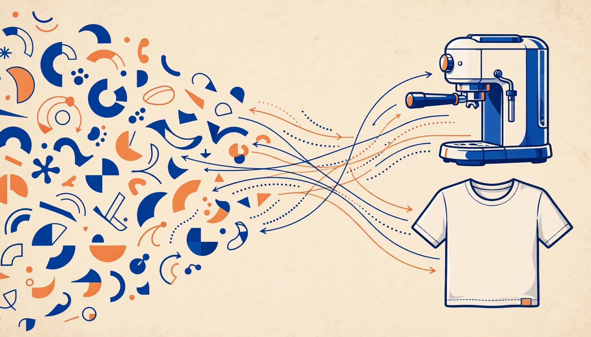 Abstract shapes and arrows flow from the left toward an espresso machine and a t-shirt.
