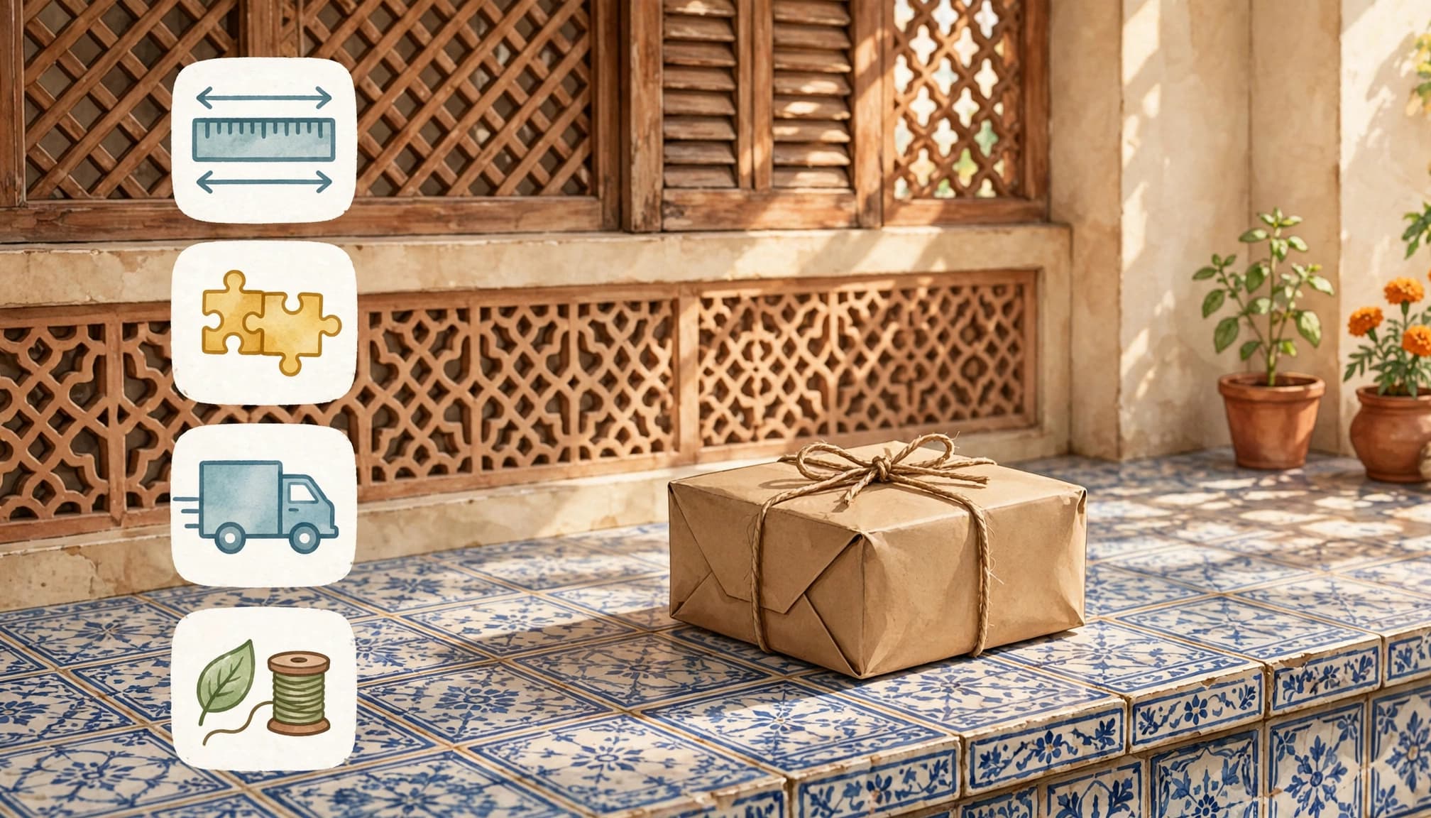 Illustrated parcel beside common shopping question symbols