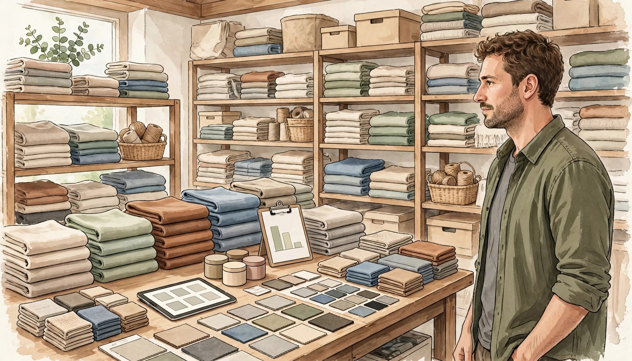 An illustration of a merchant looking over product samples in a stocked stockroom.