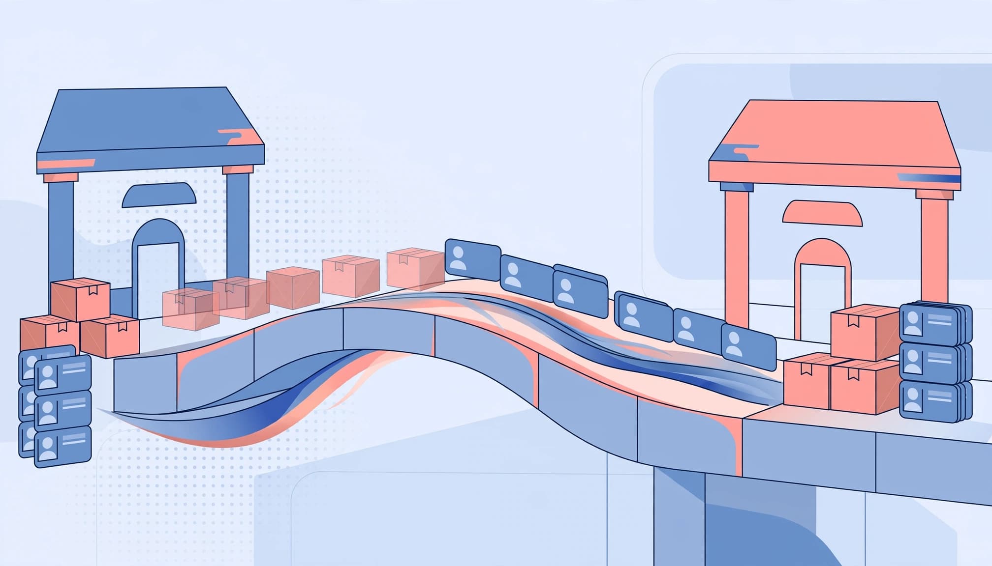An illustration of ecommerce data migration with boxes and profile cards moving across a bridge between two stores.