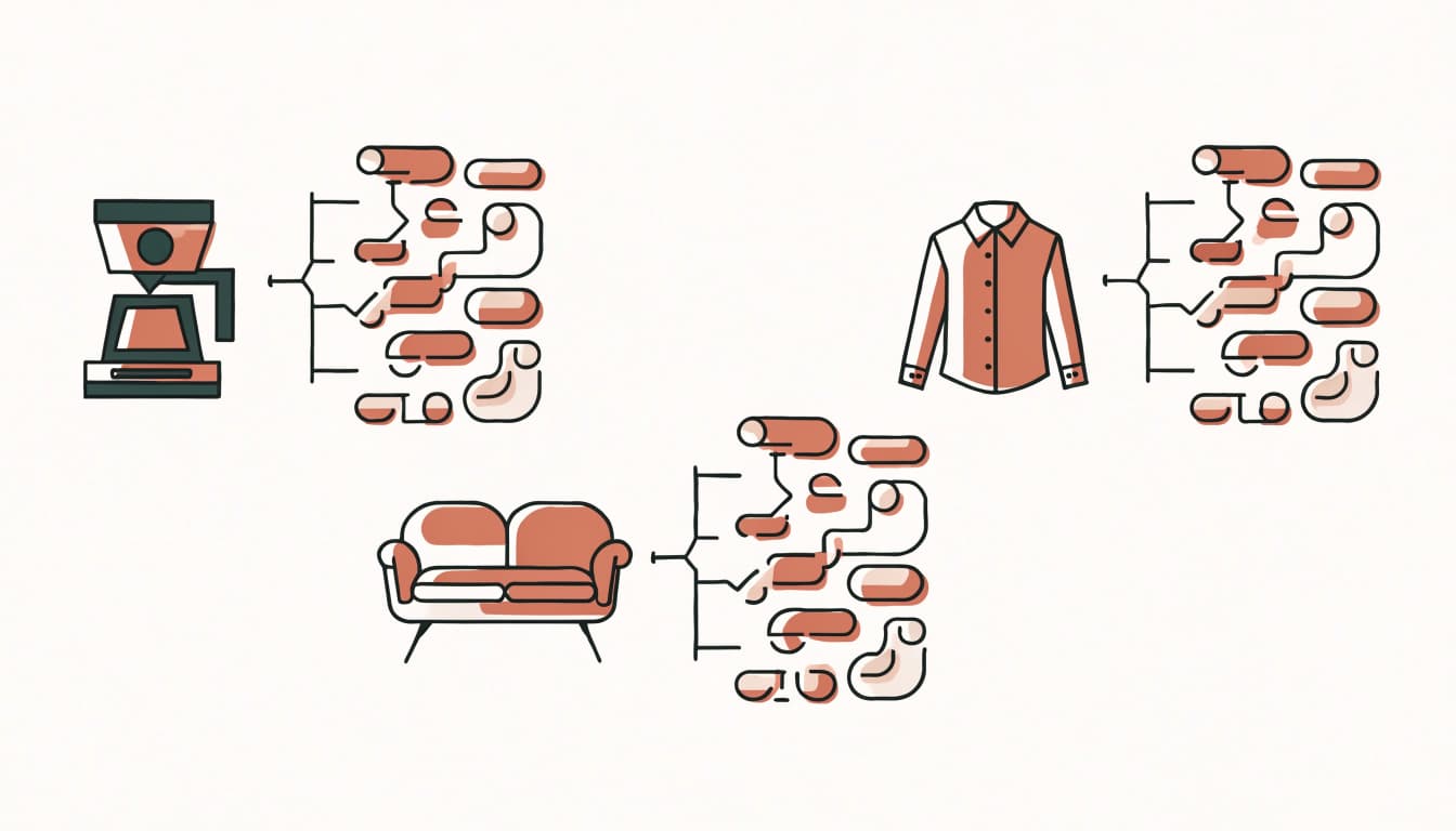 An infographic showing a coffee maker, a sofa, and a shirt connected to clusters of abstract shapes with lines.