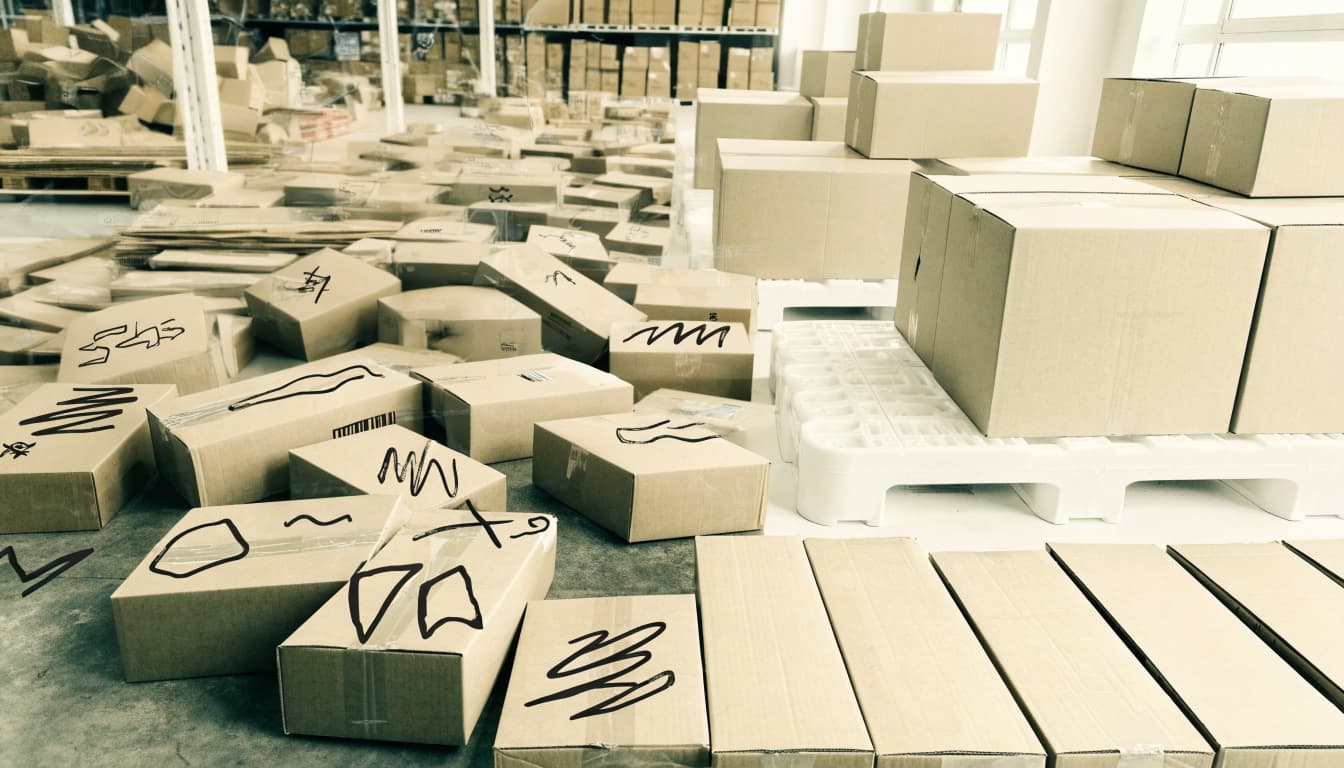 Marked cartons are separated from active shipment boxes at a packing station.