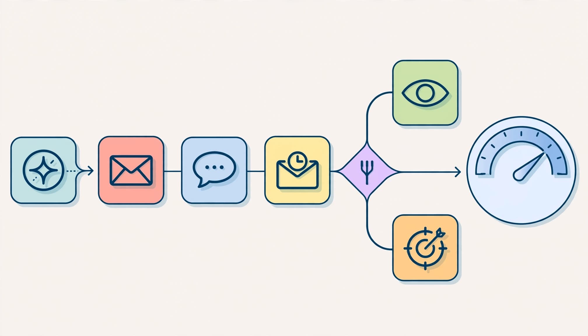 A flat illustration of an email automation workflow diagram ending with a measurement dial.