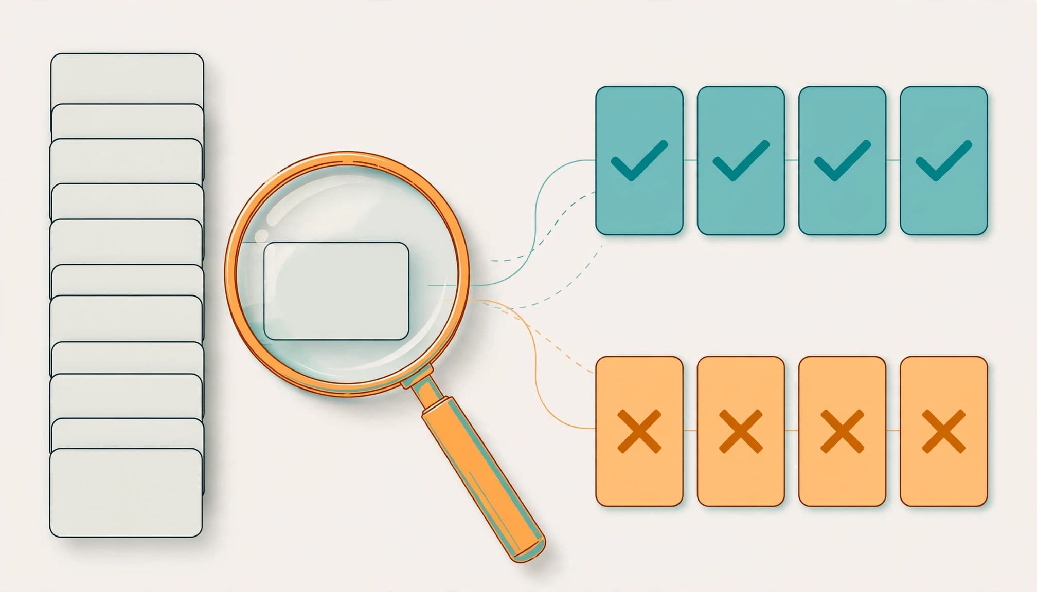 An infographic showing cards passing through a magnifying glass to sort into check and cross groups.