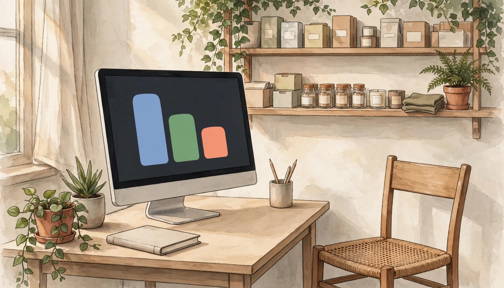 A watercolor illustration of a desk with a computer monitor showing a simple chart.
