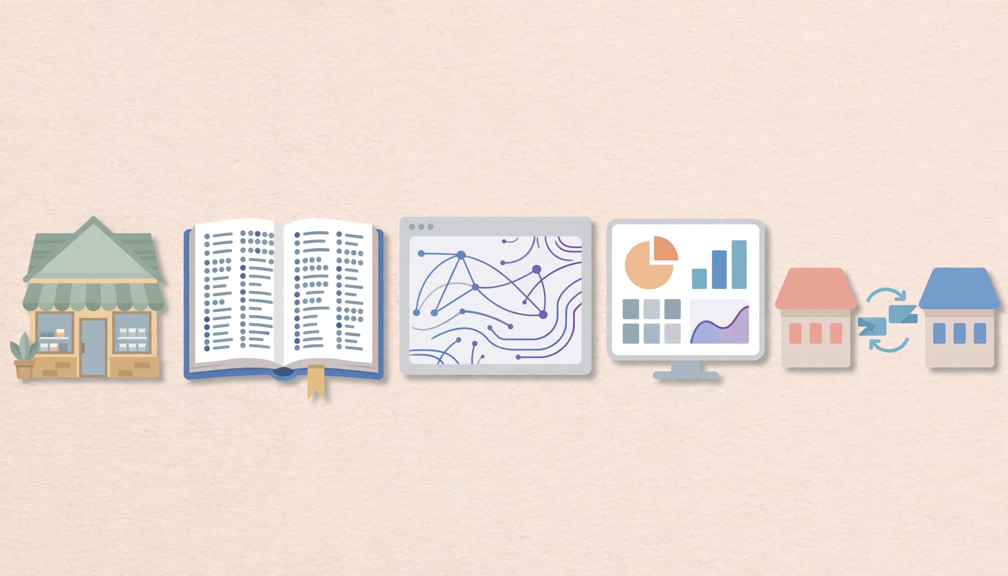 An illustration showing five icons representing email sources on a light background.