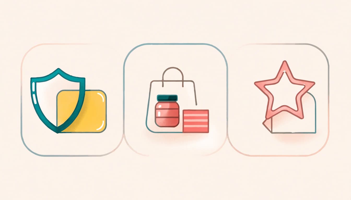 Three editorial icons on a cream background: a shield, a product display bag, and a star.