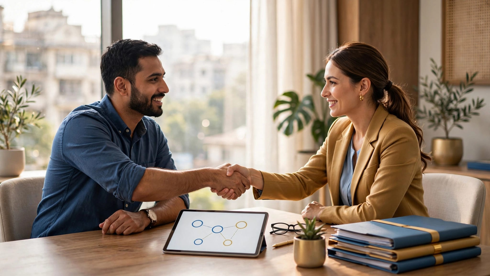A business owner and referral partner review a tablet beside client folders and shake hands.