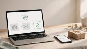 A laptop showing a cart email flow beside a phone and parcel.