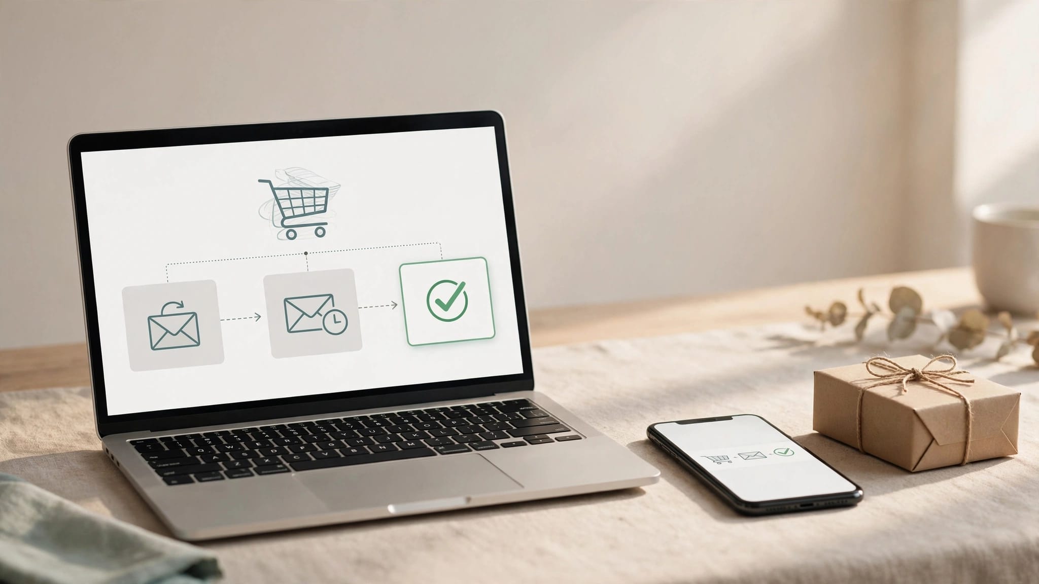 A laptop showing a cart email flow beside a phone and parcel.