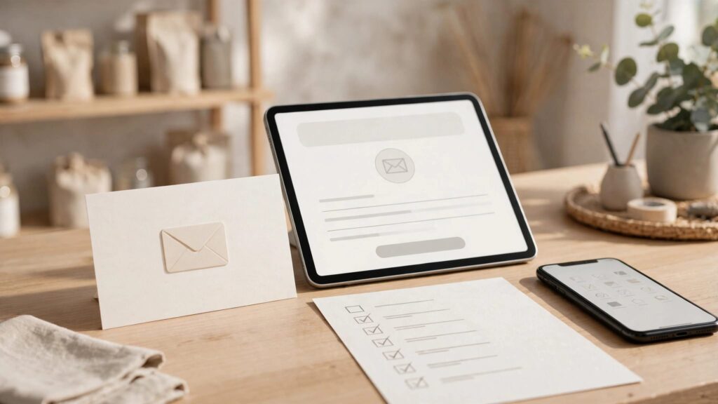 A signup card, checklist, tablet, and smartphone arranged on a bright checkout counter.
