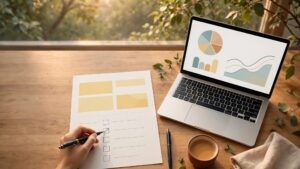 A hand checks a blank item beside a laptop, webpage mockup, and pen.