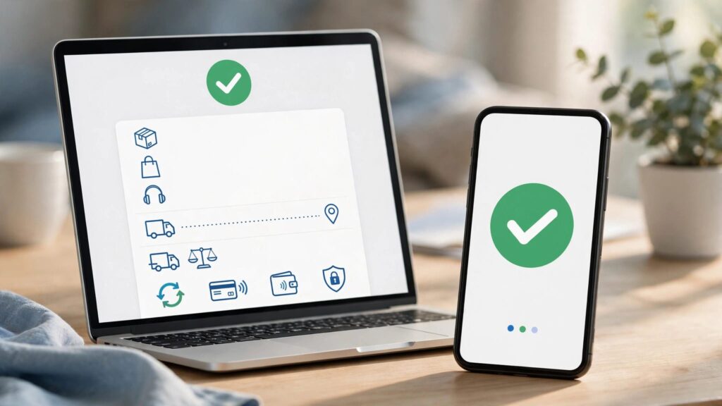 Laptop and phone showing a checkout flow with a confirmation symbol.