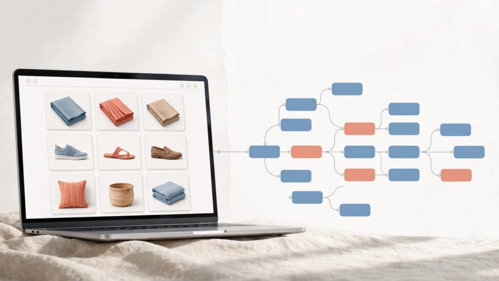A laptop showing product tiles beside connected listing-page cards.