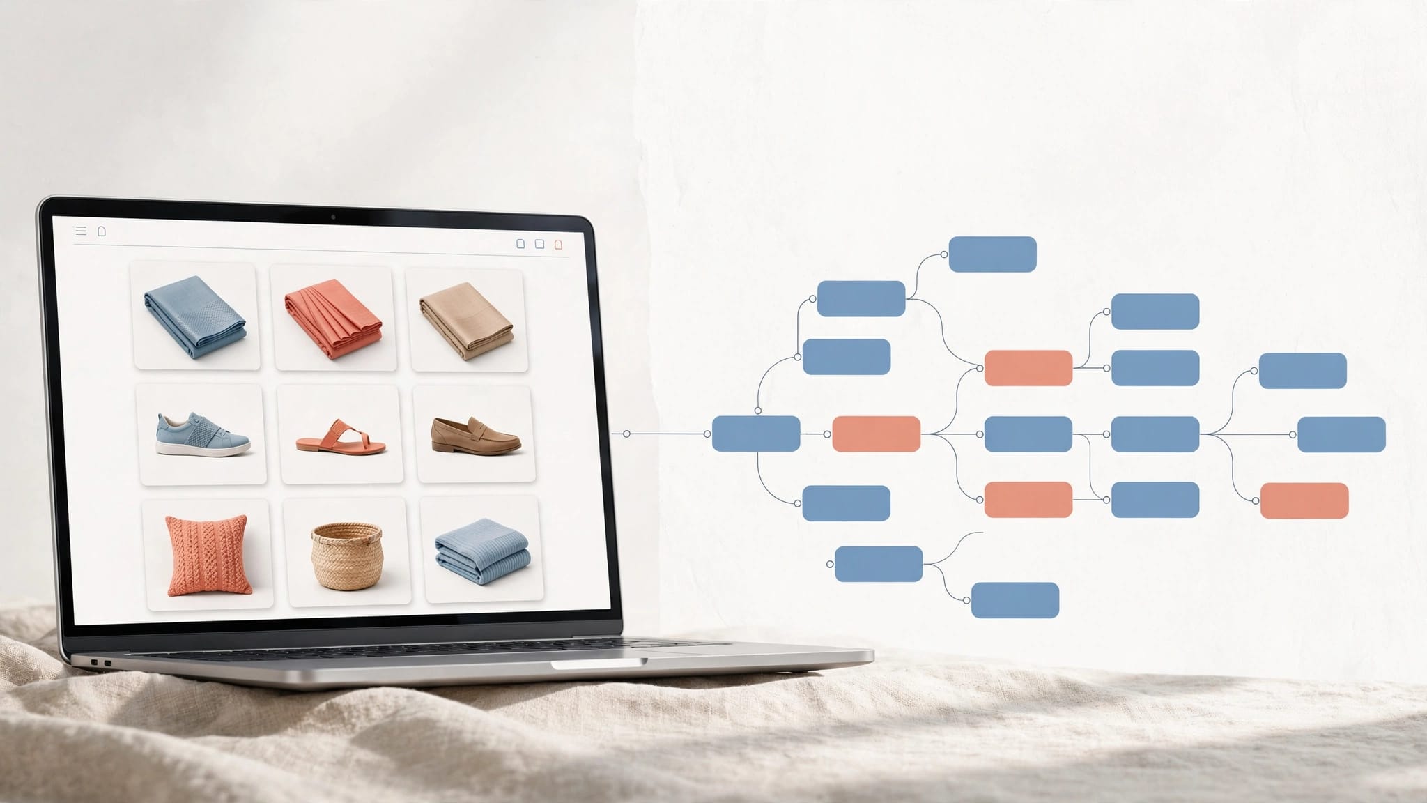 A laptop showing product tiles beside connected listing-page cards.