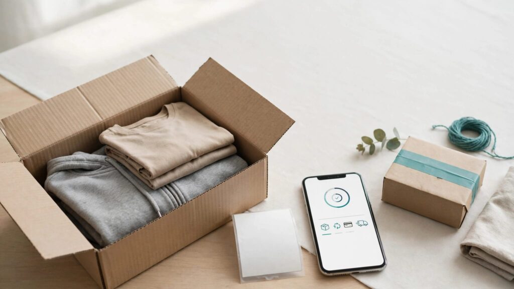 Folded clothes, a blank shipping label, and a return-status screen sit beside two parcels.