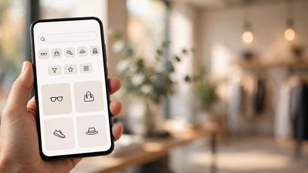 A shopper browses product tiles and filter options on a phone in a modern store.