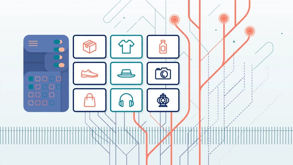 Product cards and filters connect to selected collection paths, while excess routes fade behind a barrier.