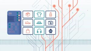 Product cards and filters connect to selected collection paths, while excess routes fade behind a barrier.