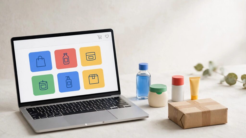 A laptop displaying product tiles sits beside consumer goods and a small parcel.