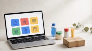 A laptop displaying product tiles sits beside consumer goods and a small parcel.