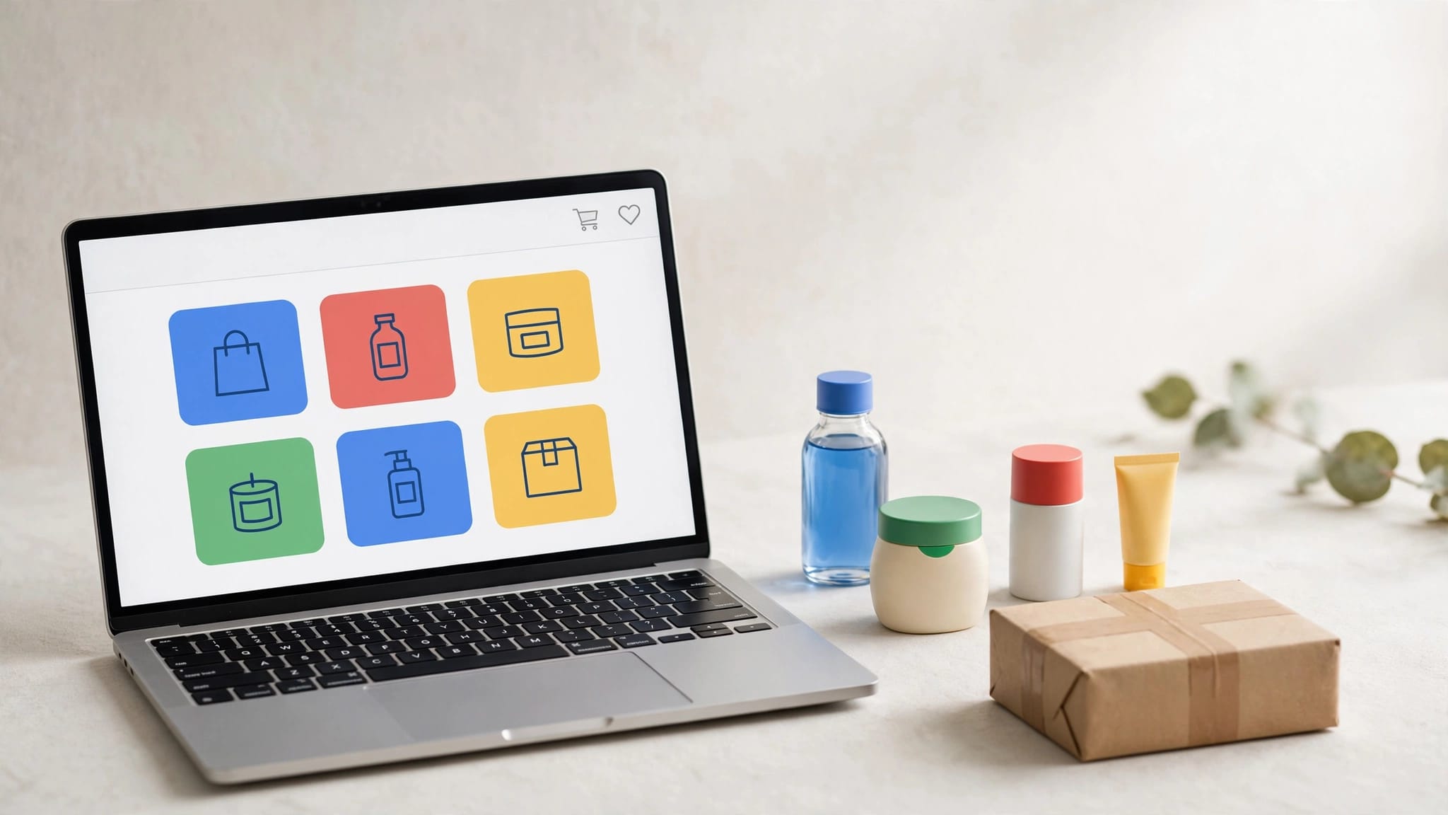 A laptop displaying product tiles sits beside consumer goods and a small parcel.