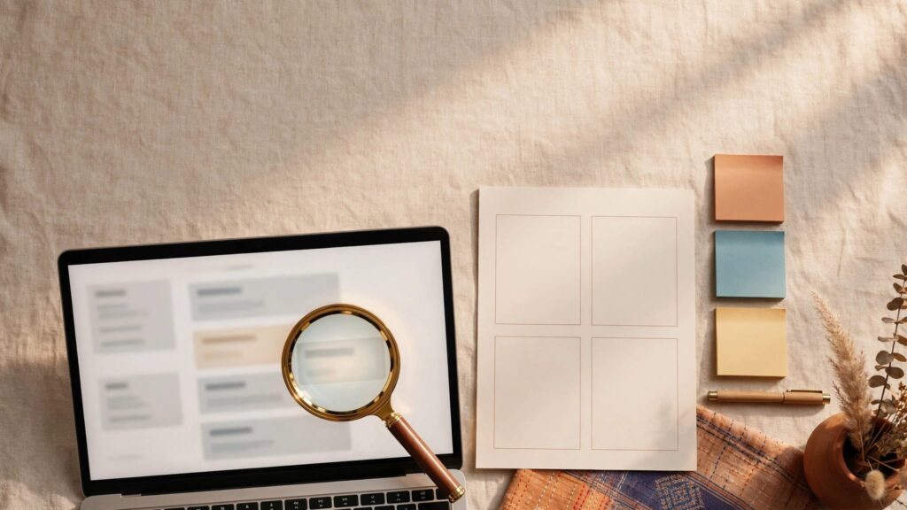 A magnifying glass highlights a search result beside a laptop and planning notes.