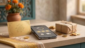 A phone with a gold rewards card and tokens sits beside a small parcel.
