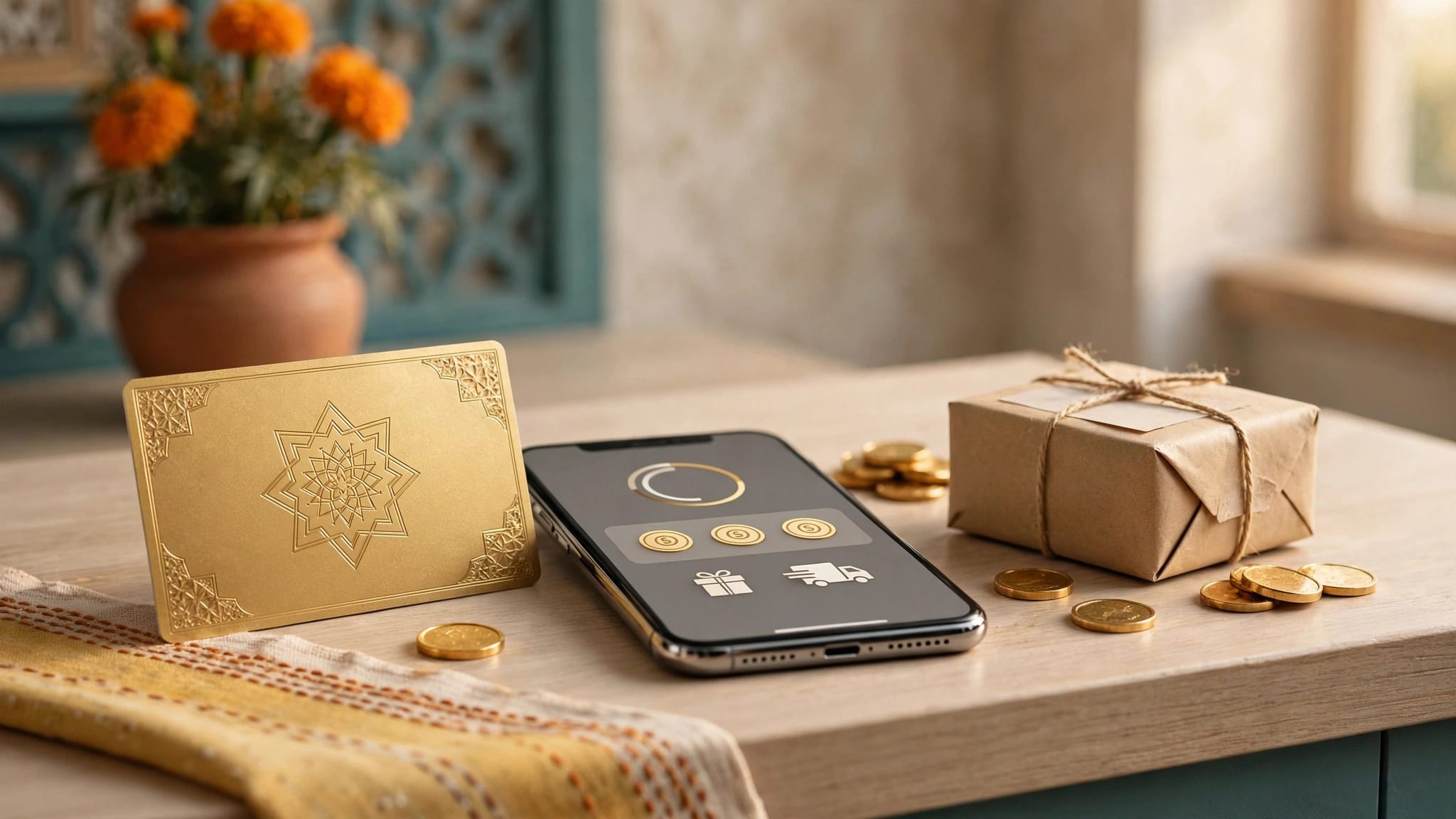 A phone with a gold rewards card and tokens sits beside a small parcel.