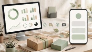 A store dashboard, phone, and package illustrate customer emails after a purchase.