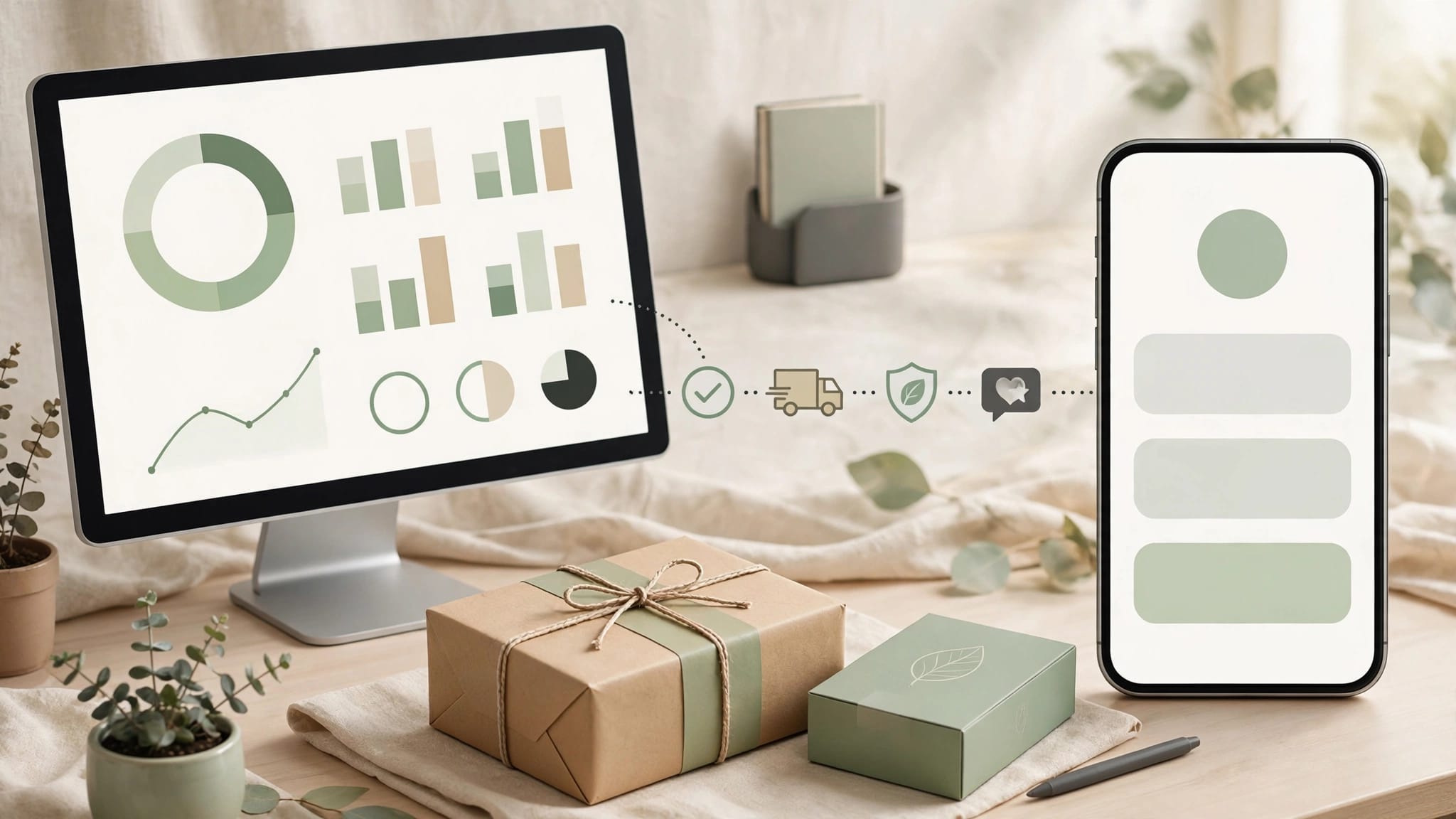 A store dashboard, phone, and package illustrate customer emails after a purchase.