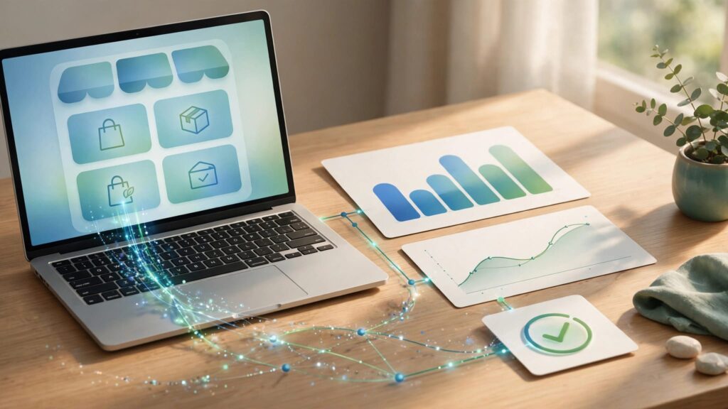 A storefront on a laptop beside analytics charts and a purchase confirmation icon.