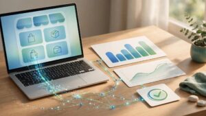 A storefront on a laptop beside analytics charts and a purchase confirmation icon.