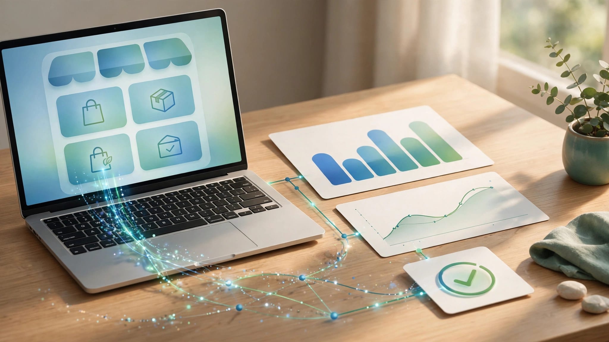 A storefront on a laptop beside analytics charts and a purchase confirmation icon.