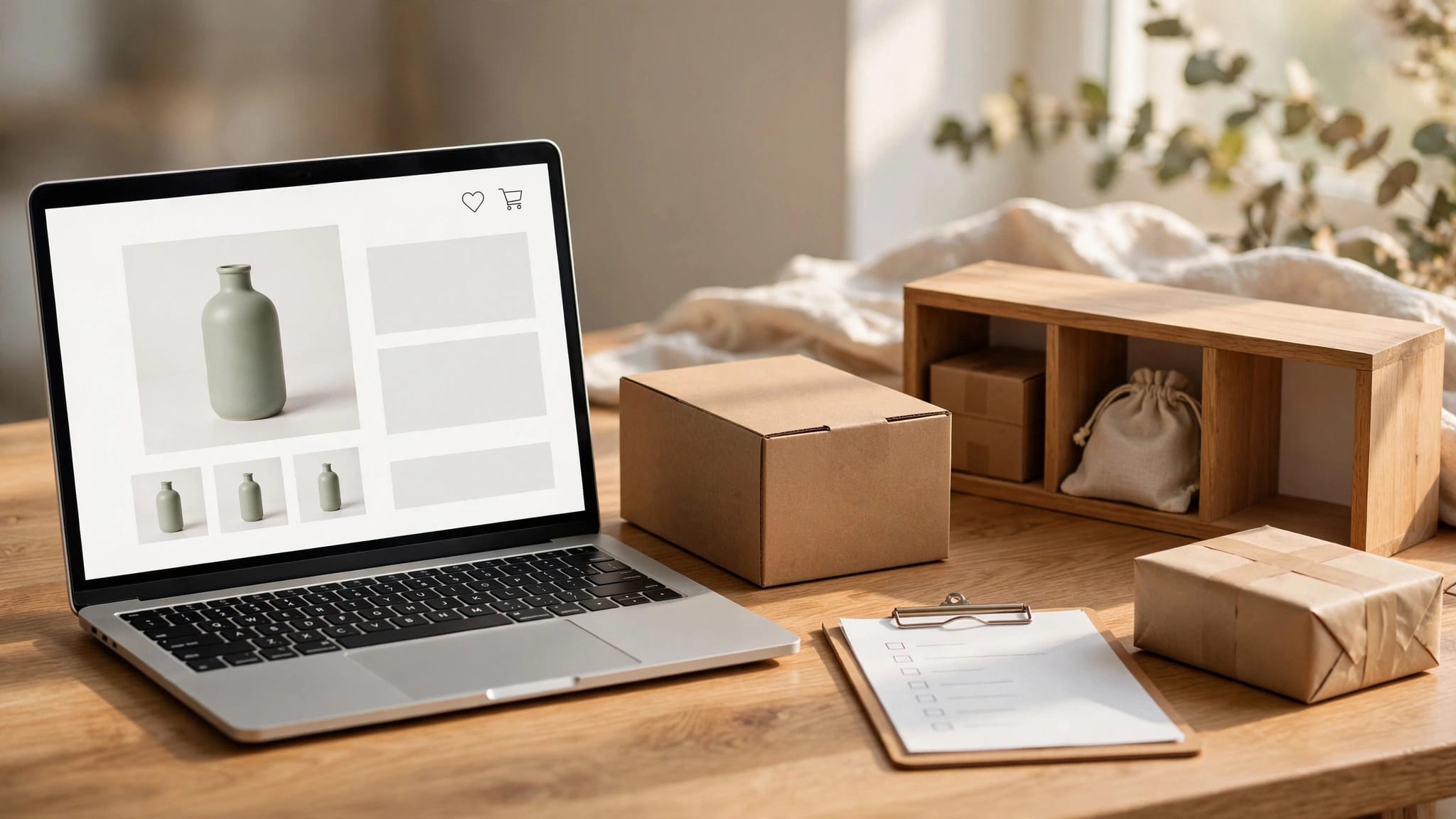 A laptop displays a shop page beside a box, an empty shelf space, and a parcel.