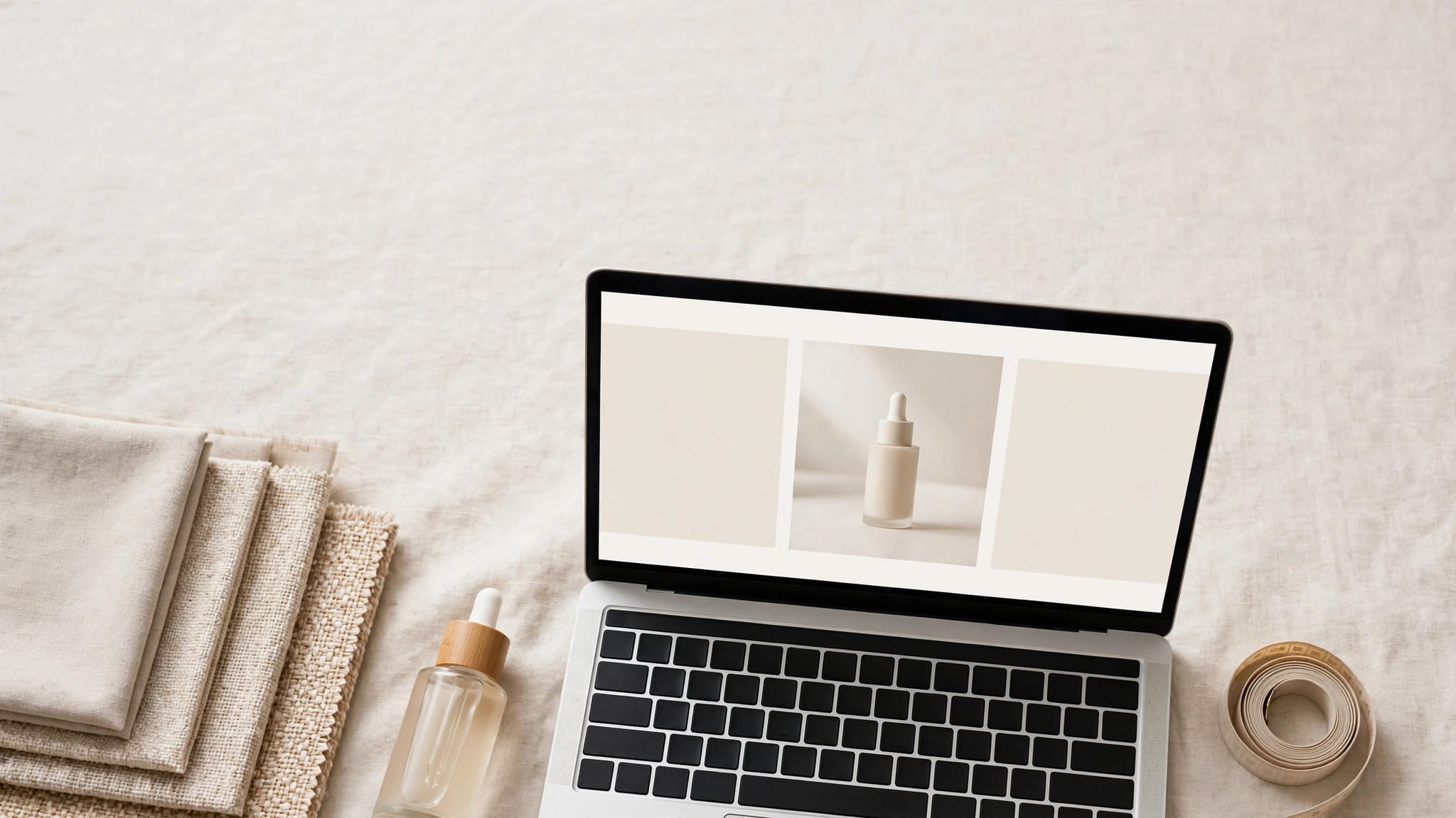 A laptop, skincare bottle, fabric swatches, and measuring tape arranged on a bright desk.