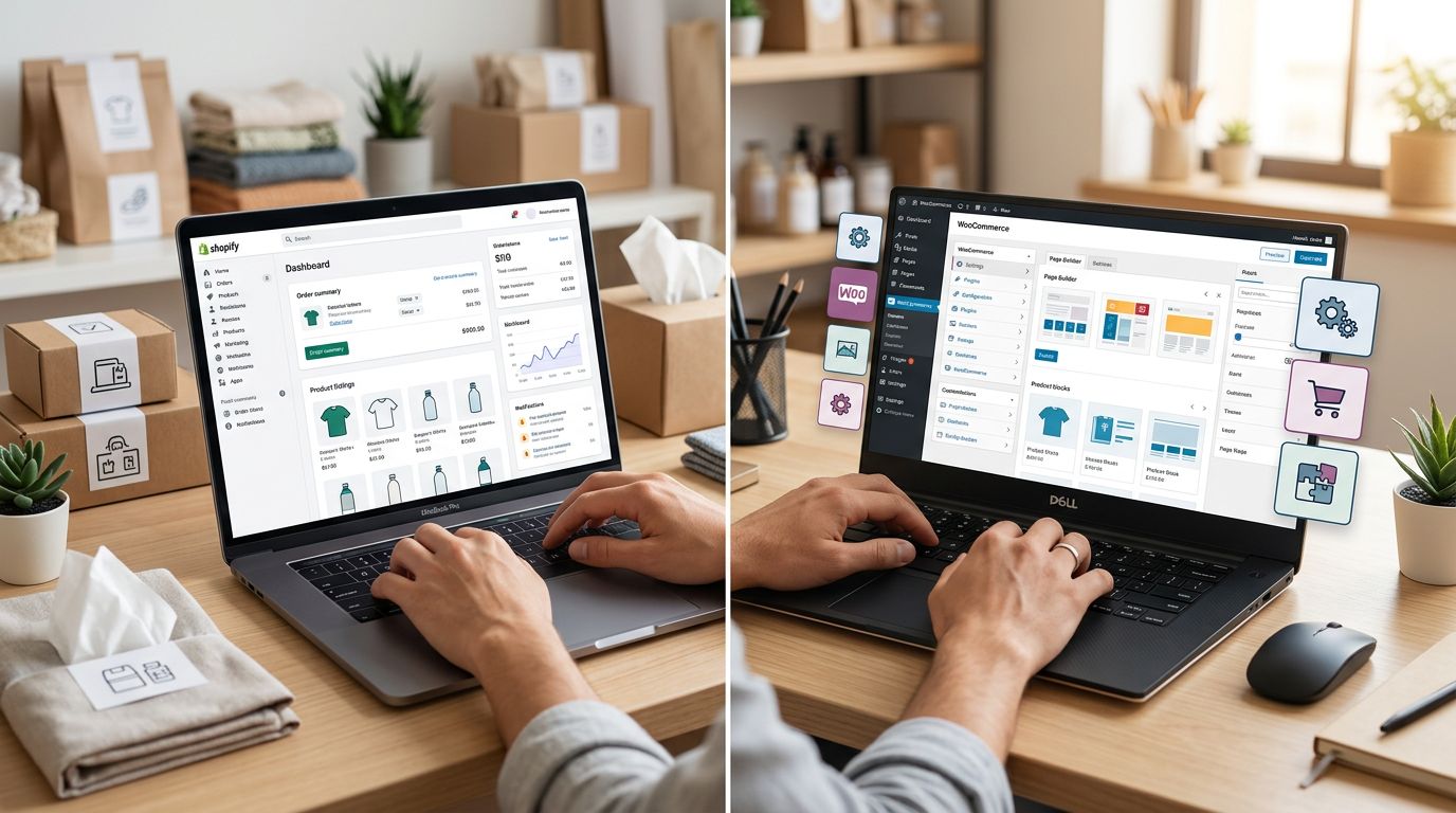 A small business owner compares two online shop setups at a desk.