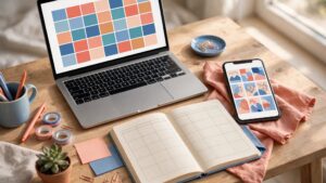 A laptop calendar, social media thumbnails, and blank planning notebook on a tidy desk.