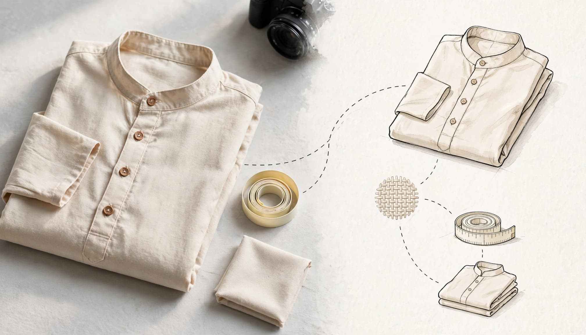 A folded cotton kurta beside photography props.