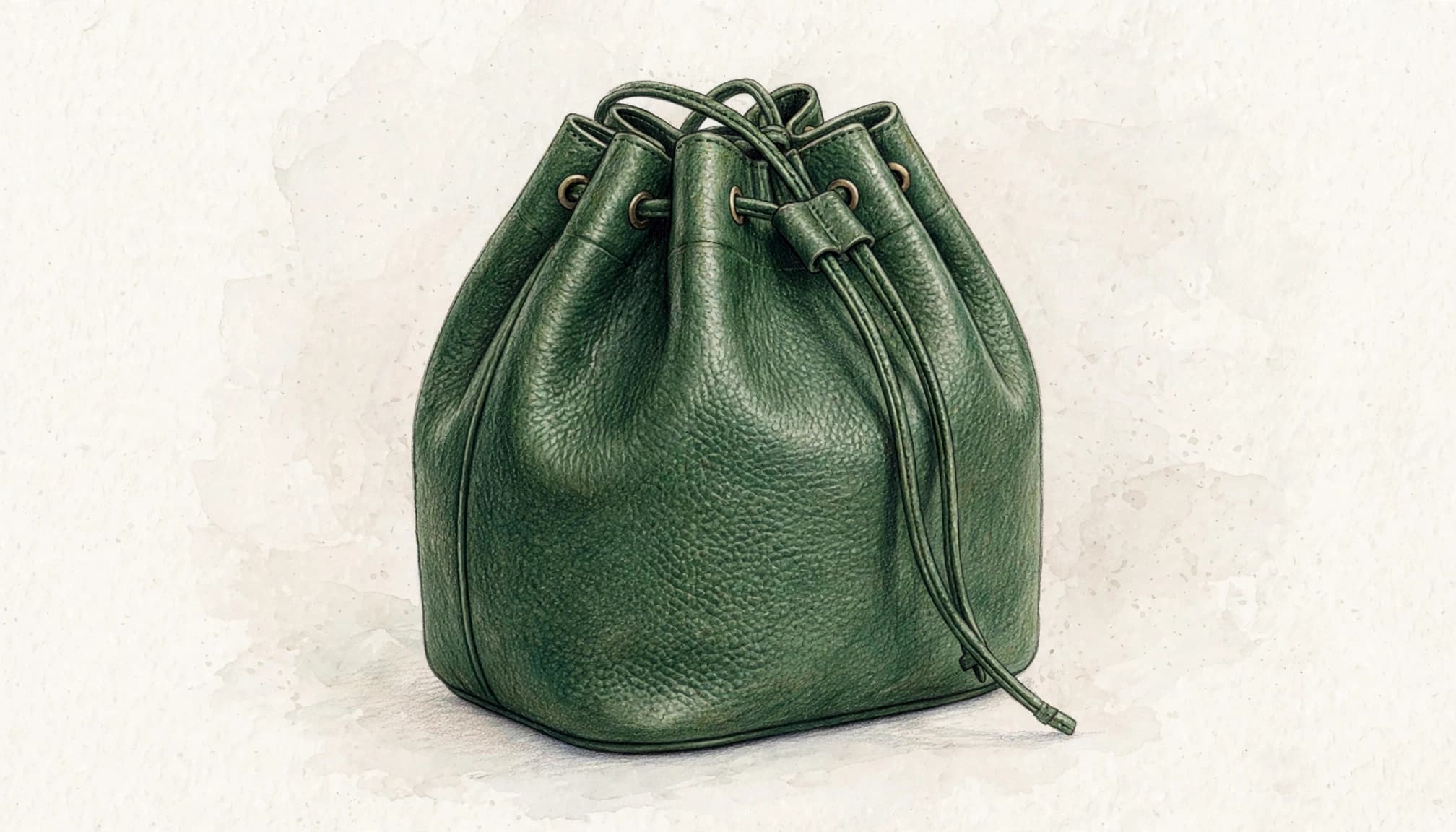 Forest-green bucket bag with drawstring closure.