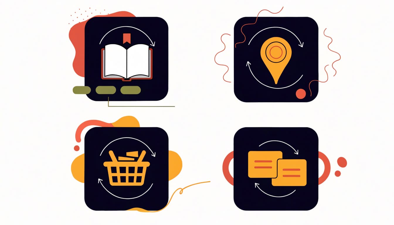 Icons for learning, navigation, shopping, and comparison.